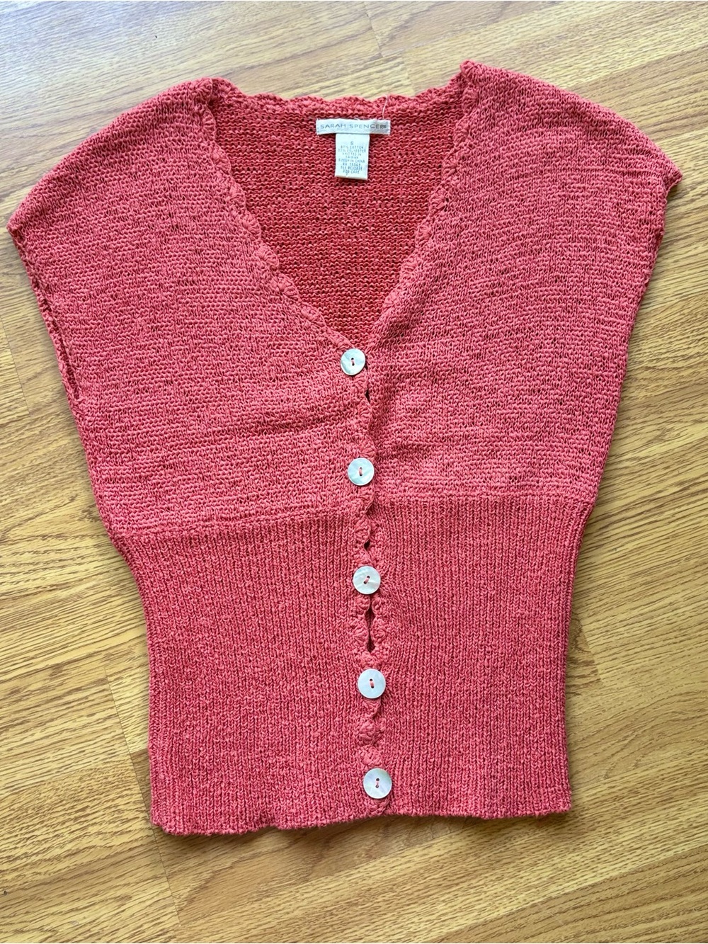 Vintage Button Front Short Sleeve Sweater Top Coral Cotton Blend Cottagecore S
